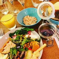 Porridge, pudding and selection from the buffet.  at Klaus K in Helsinki