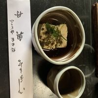 Tofu with the soy broth, scallions, and seasoning   at Tofu Manjyu Okutan Kiyomizu in Kyoto