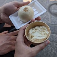 tofu bun and fresh tofu with salt at Tofu Manjyu Okutan Kiyomizu in Kyoto