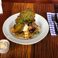 Creamy pumpkin risotto plus wood oven grilled veggies at Glória Bistrô in Ouro Preto