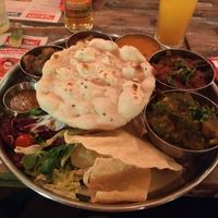 Thali (rice is hiding under my vegan naan) at Tamatanga in Birmingham