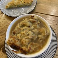 Leek pie and French onion soupp  at Maison Mulnati in Penticton