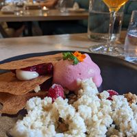 Course 5 - Cranberry and vegan cream mille-feuille with cranberry foam at L'Orygine in Quebec
