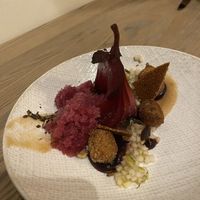 Service 5 (poached pear and wine ice)  at L'Orygine in Quebec