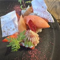 strawberry sorbet with candied pieces at L'Orygine in Quebec