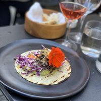 Main course: Smoked Tofu taco with cauliflower purée, corn, slaw. at L'Orygine in Quebec