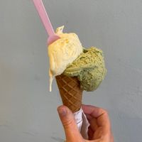 Vegan pistachio & vanilla with vegan gf cornet  at Belfiore Gelato e Cioccolato in Siracusa