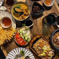 All vegan spread for 4: kare-kare, enoki mushroom tempura, ensaladang talong, sisig & pancit habhab  at Cosmic - Poblacion in Makati