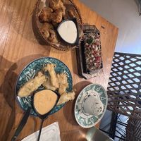 oyster mushroom tempura,  6 pcs cosmic fried Vhicken (🐓) and sisig with bagnet  and a side of white rice. #Veganuary at Cosmic - Poblacion in Makati