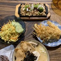 (L-R) Asian slaw, sisig, tempura Enoki mushrooms, ramen. at Cosmic - Poblacion in Makati