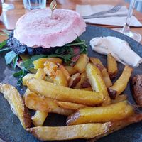Burger (vegetable not fake meat). Real potato fries. at Laundry Lounge in Sagres