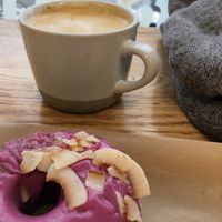 Dragon fruit donut and vanilla latte at SuzyQ Doughnuts - Hintonburg in Ottawa
