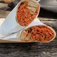 Fresh ingredients- carrot, beetroot, tempeh, rocket and a delicious coriander and kimchi sauce  at Hempburger - Market Stall in Eumundi