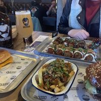 Cheeseburger, wings, poutine fries, chicken burger  at Biff's x Brewdog - Dalston in North London