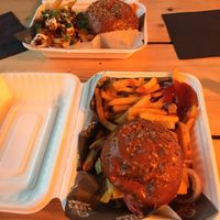 Filthy fries and Big Jack on top regular Big Jack and regular fries on the bottom at Biff's x Brewdog - Dalston in North London