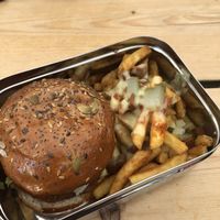 samuel hell jackson burger and cheesy fries  at Biff's x Brewdog - Dalston in North London