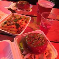 Burgers and fries  at Biff's x Brewdog - Dalston in North London