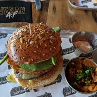 Lumberjack burger with side of Bourbon baked beans and chipotle mayo at Biff's x Brewdog - Dalston in North London