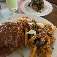 Father Jack burger, Bacunator fries and The Burb wingz. at Biff's x Brewdog - Dalston in North London