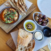 Sourdough with olives and the hummus with flatbread at Harvest Kitchen in Tanunda