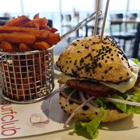 Vegan burger with sweet potato fries at Coolum Surf Club in Coolum Beach