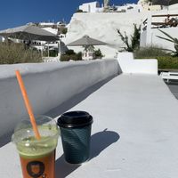 Detox juice + almond cappuccino  at Luno in Santorini
