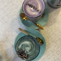 Lavender latte and butterfly pea latte  at Rawnchy in Glasgow