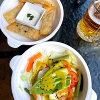 Set menu appetisers - tequenos (delicious but cold) and avocado salad (very tasty)  at Prana Vegan in Arequipa