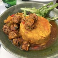 The mofongo. The “meat” is basically a lentil, bean, and oat mix.   at Cafe Berlin in San Juan