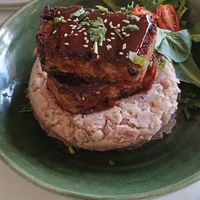 Guava BBQ "ribs" with malanga (mashed taro root) at Cafe Berlin in San Juan