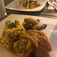 Criollo Tofu w plantains (in front) & guava loaf w malanga at Cafe Berlin in San Juan
