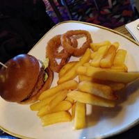 Vegan burger with chips and onion rings (January 2025) at The Starling Cloud in Aberystwyth