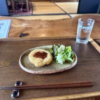 Korokke and salad that came with lunch set.  at Uka Shokudo in Teshima