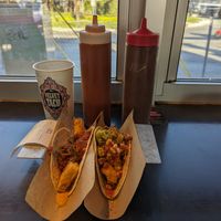 Paneer taco (with tofu instead) and cauliflower taco (no queso or crema on either) at Velvet Taco in Fort Worth