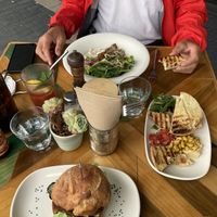 Hummus with bread, tofu salad, tofu burger   at The Citadel in Whanganui