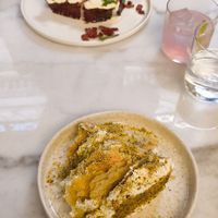 French toast sweet with vegan bacon and chantilly ; cheesecake-baklava at Avit in Athens