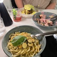 Front Chitarra Pasta (super creamy cheessauce) back Linos Mane where the gratin steals the show   at Avit in Athens