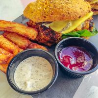 Vegan Burger with homemade truffle mayo or beetroot ketchup  at Avit in Athens