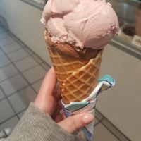 Vegan Chocolate Tofulate & Strawberry Tofulate in a vegan waffle cone at Moo-Lix in Kelowna