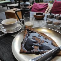 Hot chocolate buckwheat crepe and french press coffee with soy milk at French Creperie and Bar in Pokhara