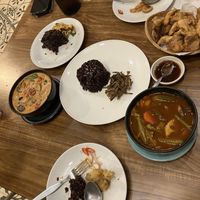 Hot and sour curry and mushroom curry (definitely recommend the roasted mushroom curry)  at Thamna Hometaurant in Bangkok