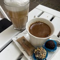 Iced latte with almond milk and Serbian coffee (with two complimentary raw balls)   at Ćao Šećeru in Belgrade