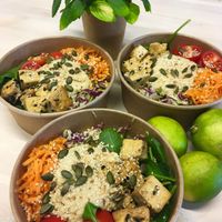 Salad with tofu, lentils and hummus at Biomarket Deli in Tallinn