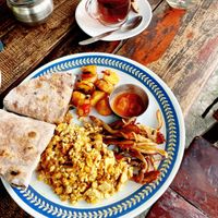 Vegan morning with scrambled tofu (sub salad for wild mushrooms)   at Rest Point Cafe in Pokhara