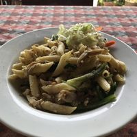Vegan pasta 2 (tofu, spinach, mushrooms, garlic, olive oil). Even better with a squeeze of lemon. at Rest Point Cafe in Pokhara