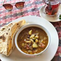 Simple breakfast - chickpea curry with chapati. Only 180rs from memory including tea, very cheap! at Rest Point Cafe in Pokhara