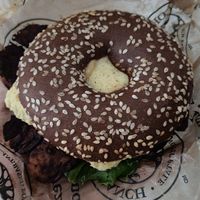 Just egg and tempeh bacon bagel at Copper Branch in Markham