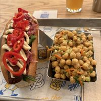 Turkish impossible sausage with chickpea side  at Wursthall in San Mateo