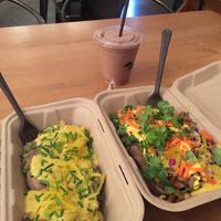 Custom sweet potatoes with banana chocolate smoothie  at Papas Hot Potatoes in Seattle