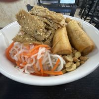 Bun - vermicelli with eggrolls, grilled and shredded pork.  at Veggie Life Restaurant in South El Monte